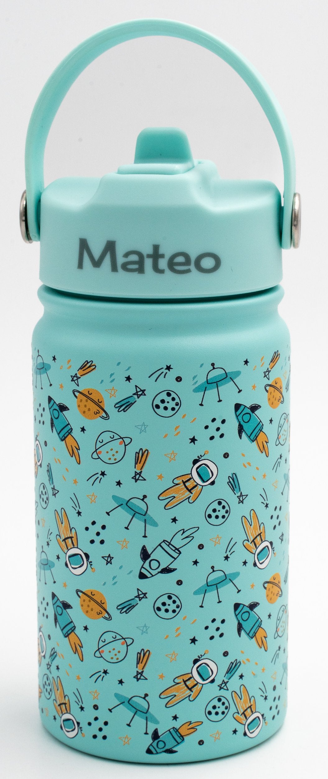 Botella térmica turquesa con debuxos do espazo e o nome Mateo gravado na tapa