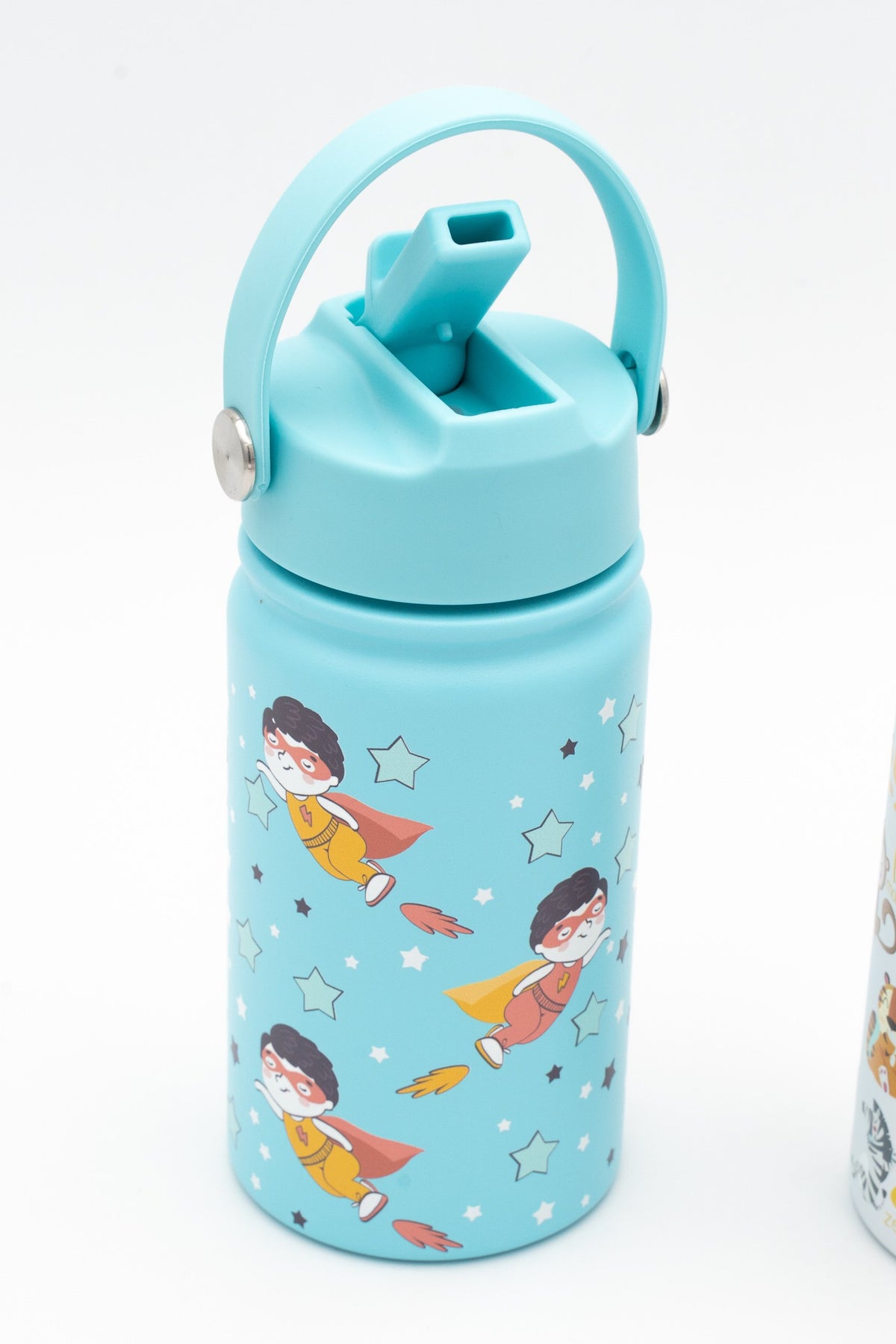 Botella térmica turquesa con debuxos de superheroes