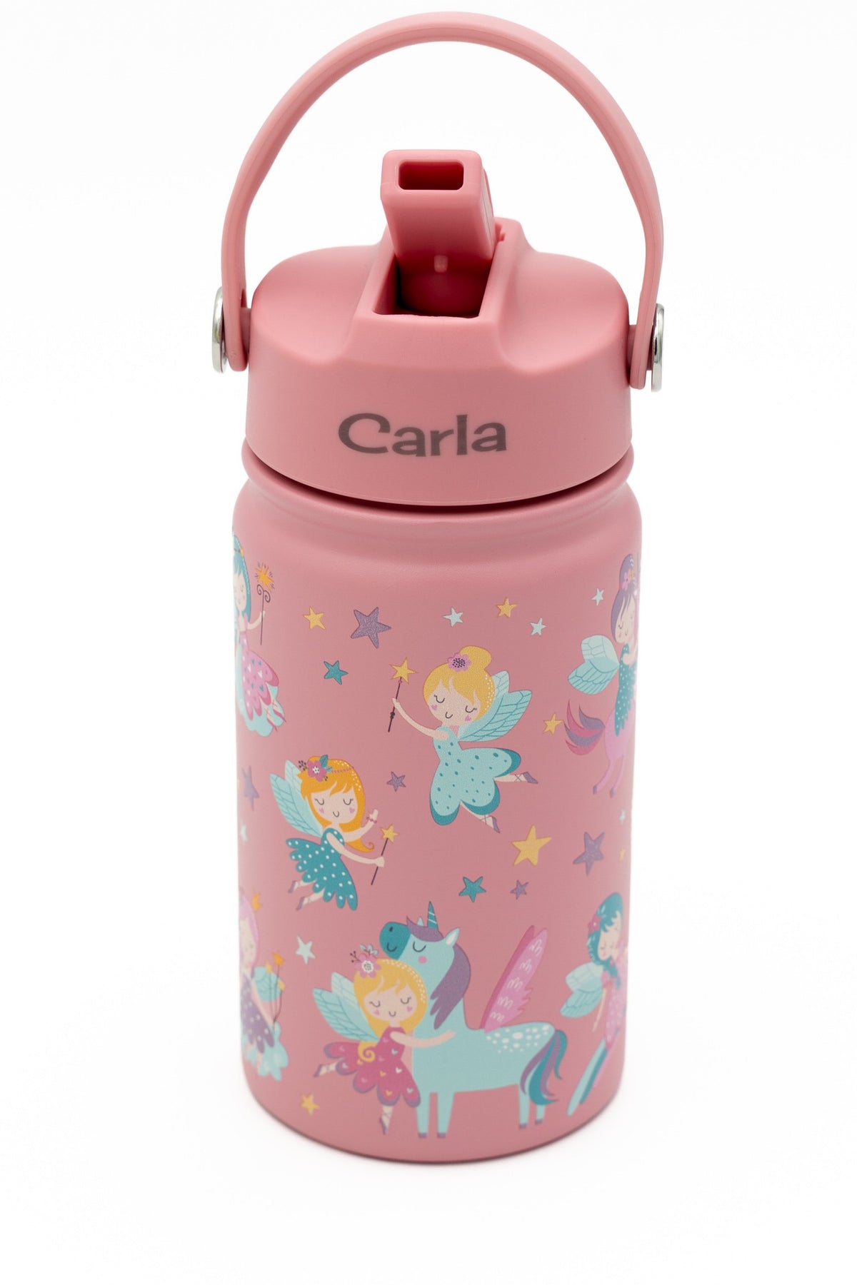 Botella térmica rosa con fadas e unicornios e o nome Carla gravado na tapa