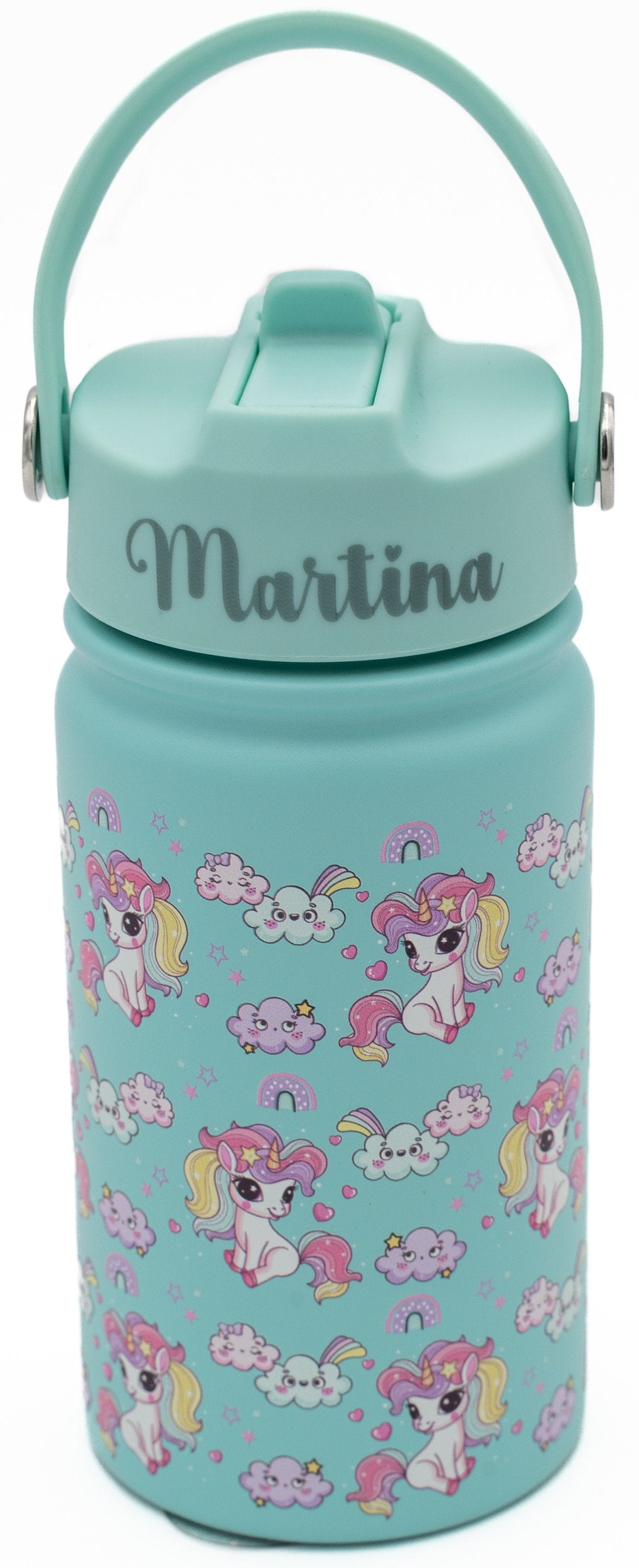 Ampolla tèrmica turquesa amb dibuixos d'unicorns i el nom Martina gravat a la tapa