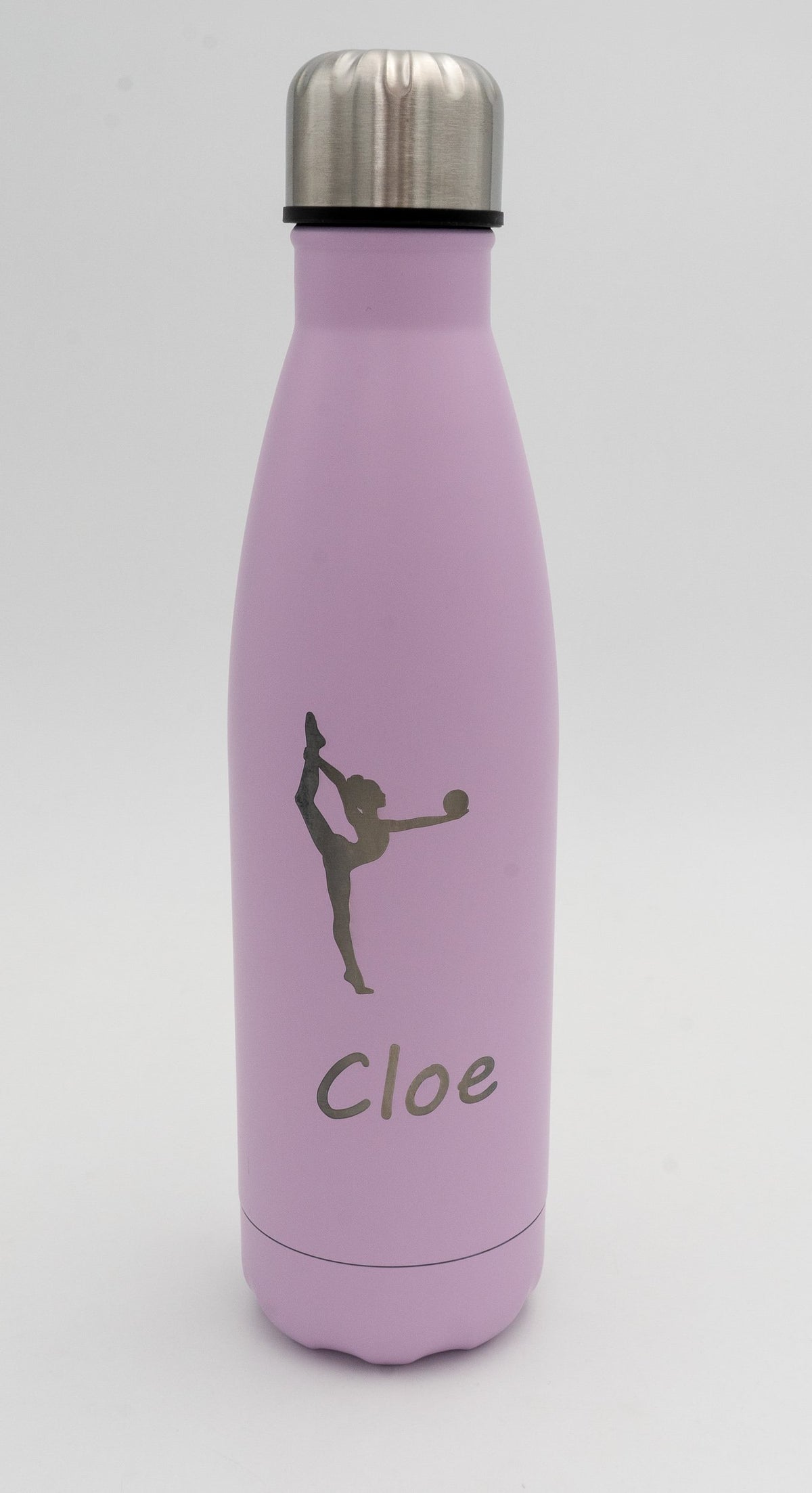 Botella térmica lila coa silueta dunha ximnasta e o nome Cloe gravados
