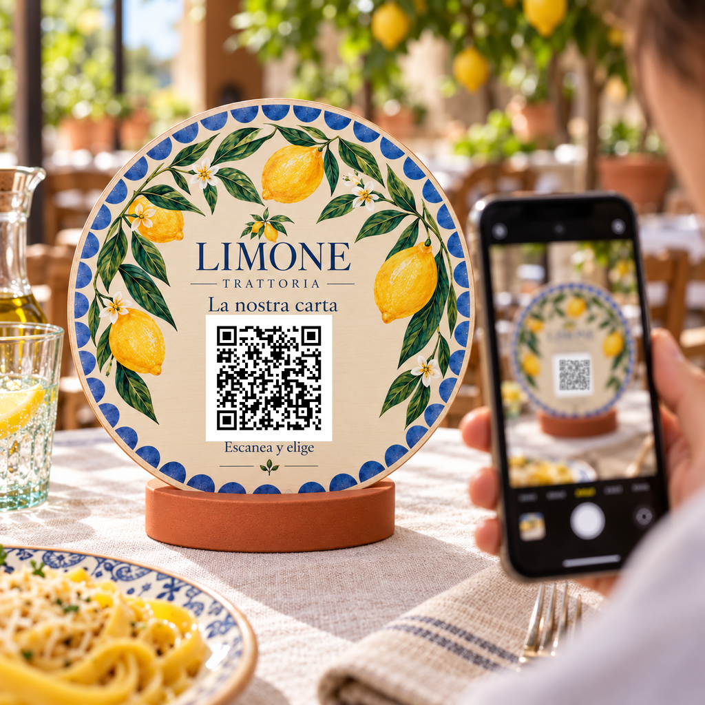 Simulació de Cartell de carta amb QR mediterrani i base · vista d’ús
