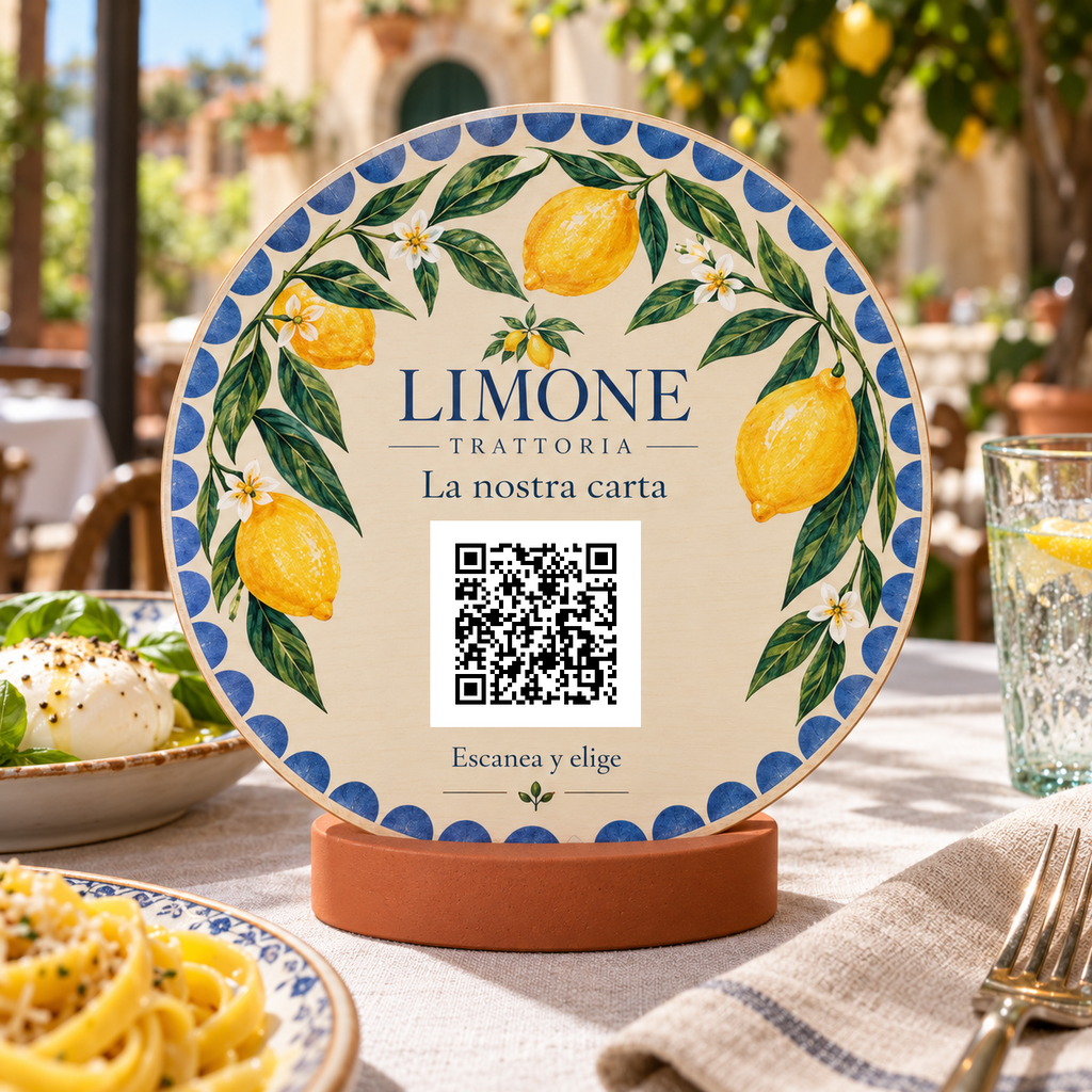 Simulació de Cartell de carta amb QR mediterrani i base · exemple 1