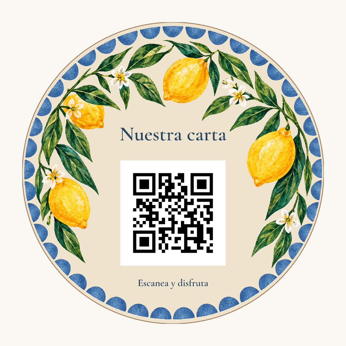 Simulación de cartel de carta con qr mediterráneo y peana · ejemplo 1