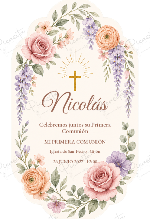 Invitación de Primera Comunión Rosetón botánico · Nicolás