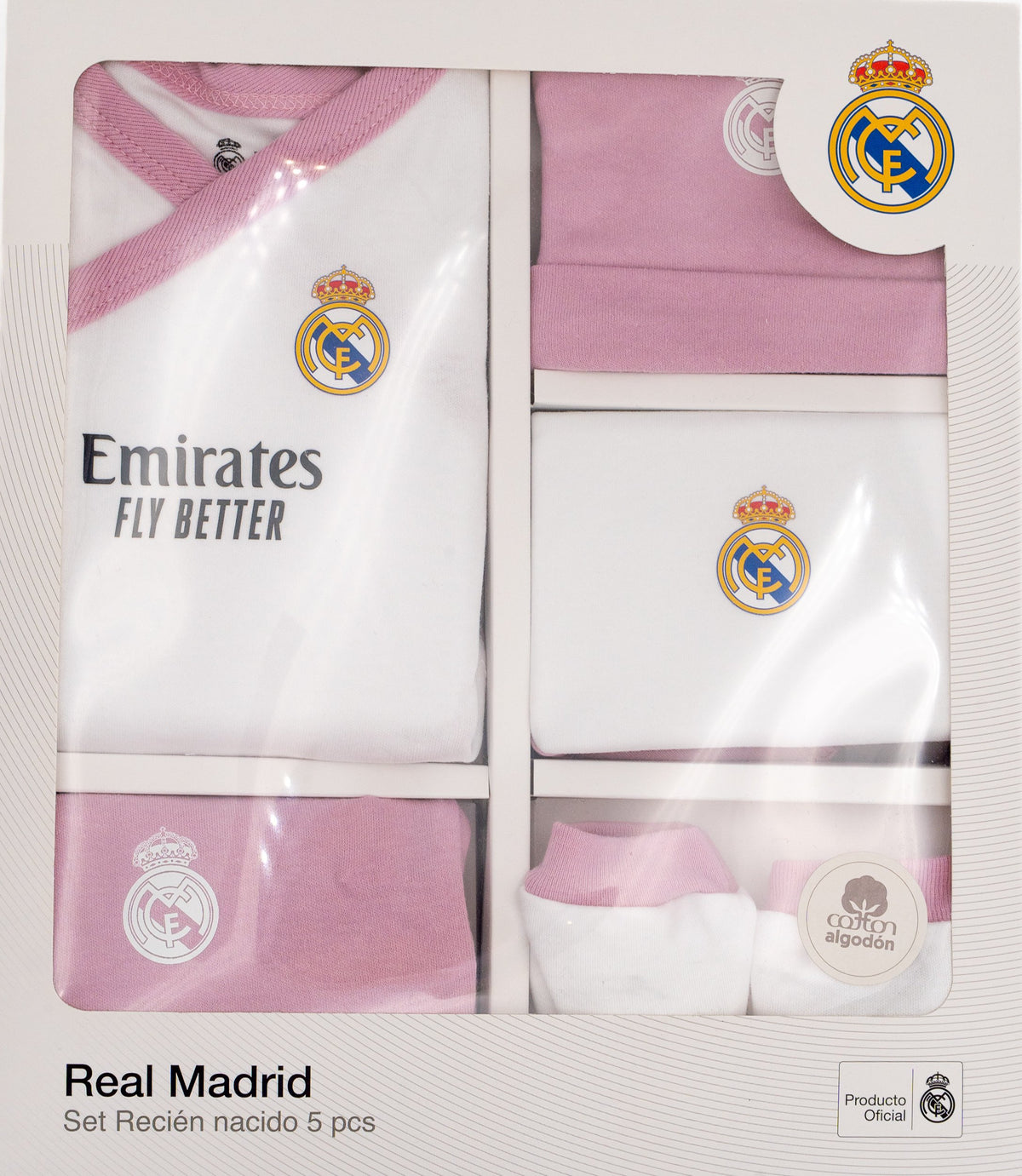 Real Madrilen jaioberrientzako multzo arrosaren kutxa ofiziala, bost pieza