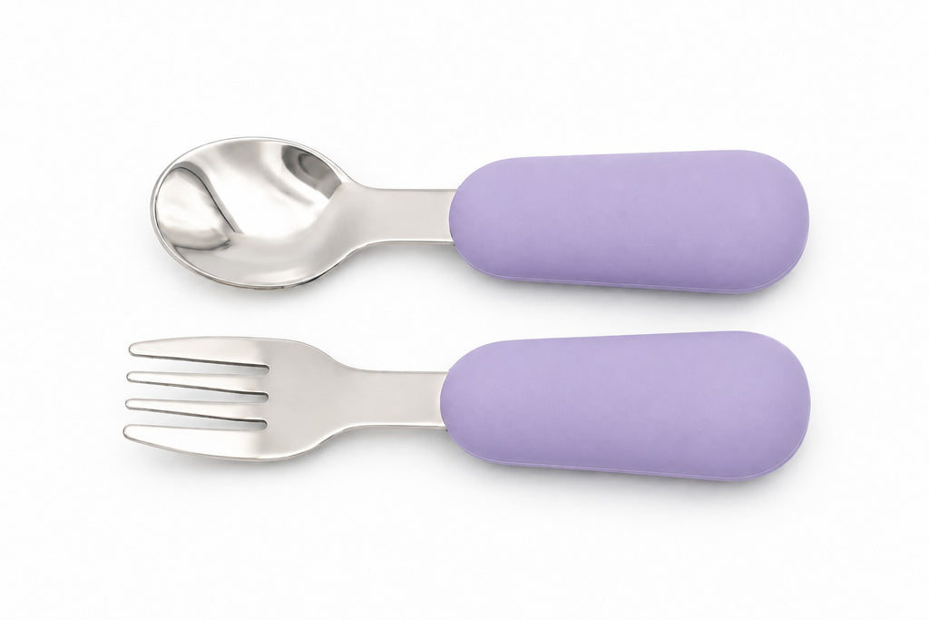 Cubiertos para bebé BLW, cuchara y tenedor de silicona en color lila
