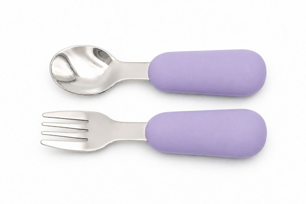 Cubiertos para bebé BLW, cuchara y tenedor de silicona en color lila
