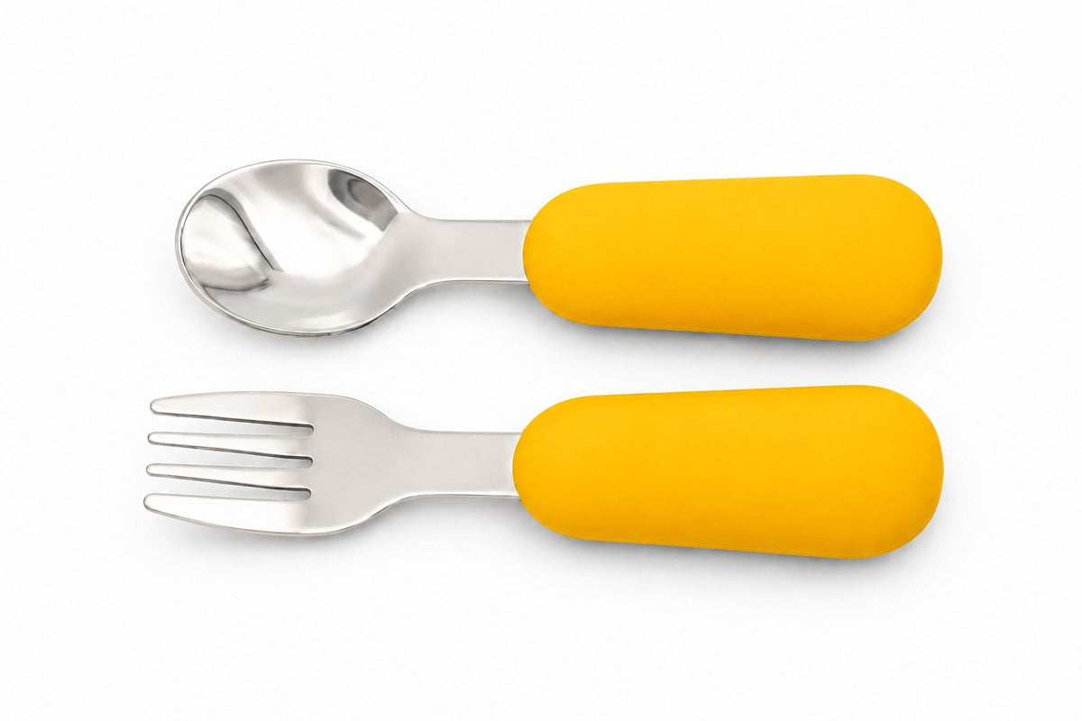Cubiertos para bebé BLW, cuchara y tenedor de silicona en color mango