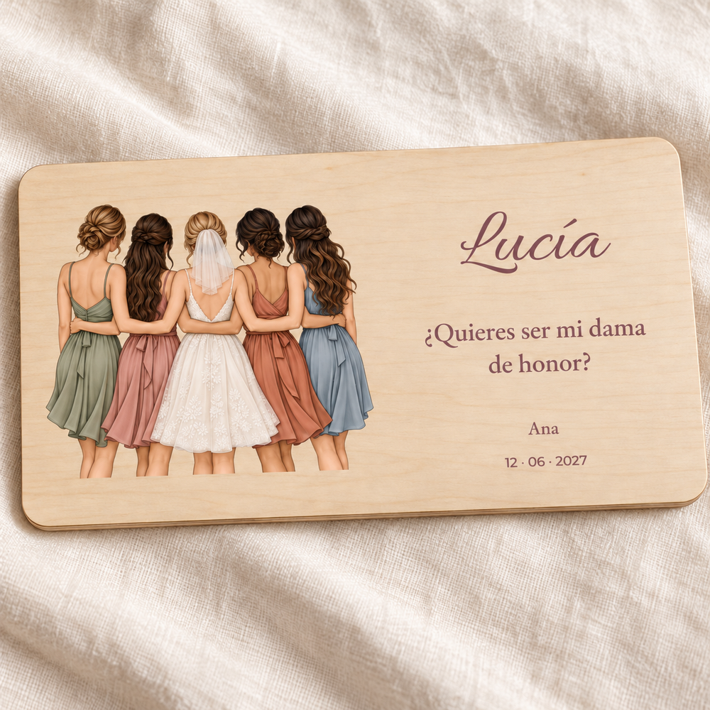 Simulació de placa de dama d’honor en contraxapat, disseny Equip Núvia en color, dones d’esquena sense rostres