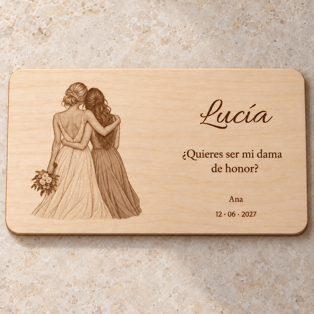 Simulación de placa de dama de honor en contrachapado, diseño Máxima confianza grabado láser, mujeres de espaldas sin rostros