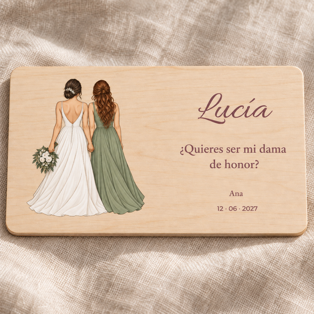 Simulación de placa de dama de honor en contrachapado, diseño Siempre a tu lado en color, mujeres de espaldas sin rostros
