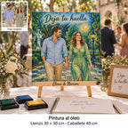 Lienzo de boda de 30 × 30 cm con retrato estilo óleo y el mensaje «Deja tu huella», junto a una lámina de huellas y tintas.