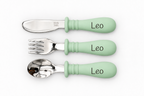 Cubiertos infantiles personalizados · Verde Clarito · nombre Leo