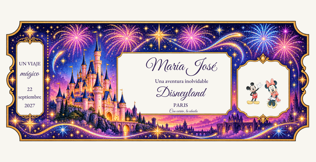 Txartel pertsonalizatuaren ikuspegi digitala: Txartel ilustratua Su artifizialak · Disneyland Paris.