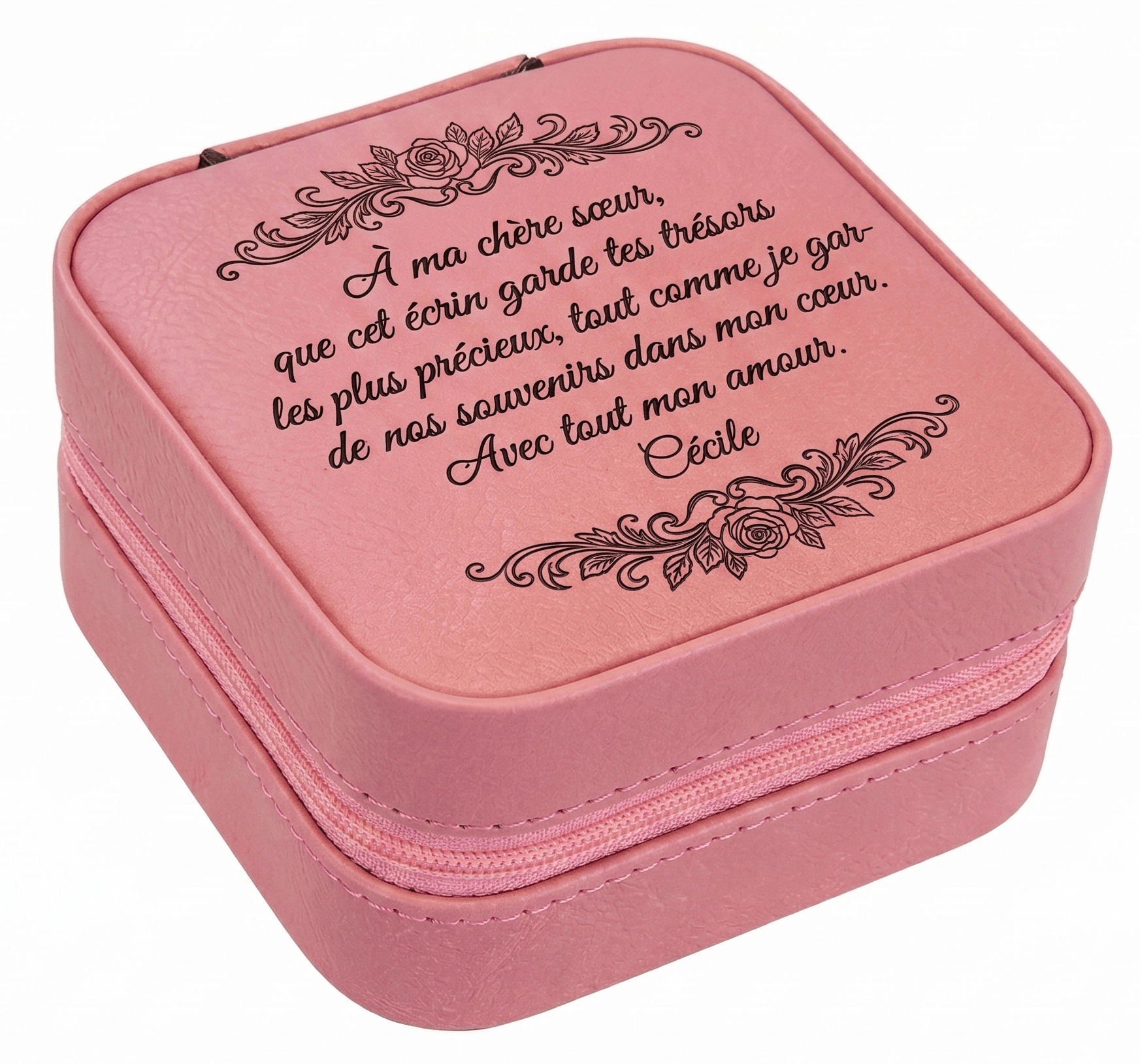 Joyero de viaje rosa con cierre de cremallera y texto conmemorativo grabado