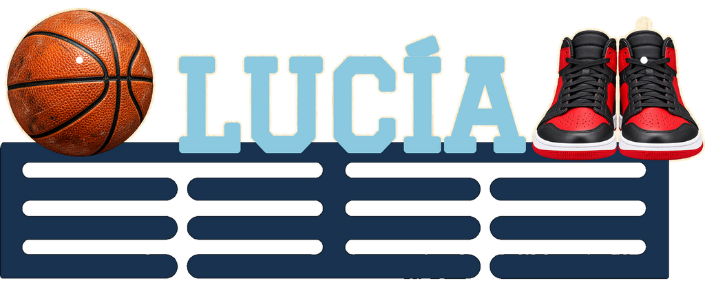 Medallero de baloncesto LUCÍA con barras Azul noche y letras Celeste, en color liso