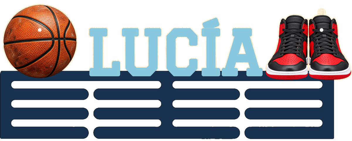 Medallero de baloncesto LUCÍA con barras Azul noche y letras Celeste, en color liso