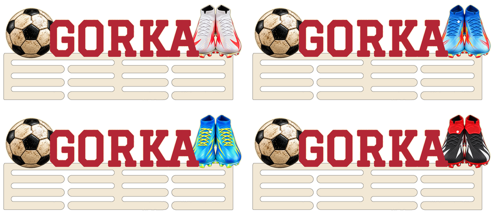 Cuatro opciones de botas para el medallero de fútbol: blanco/carmesí, azul-rojo-amarillo, azul/lima y negro-blanco-rojo