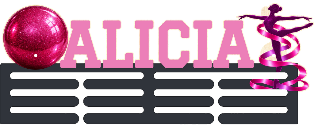Medallero de gimnasia rítmica ALICIA con barras Grafito y letras Rosa, en color liso