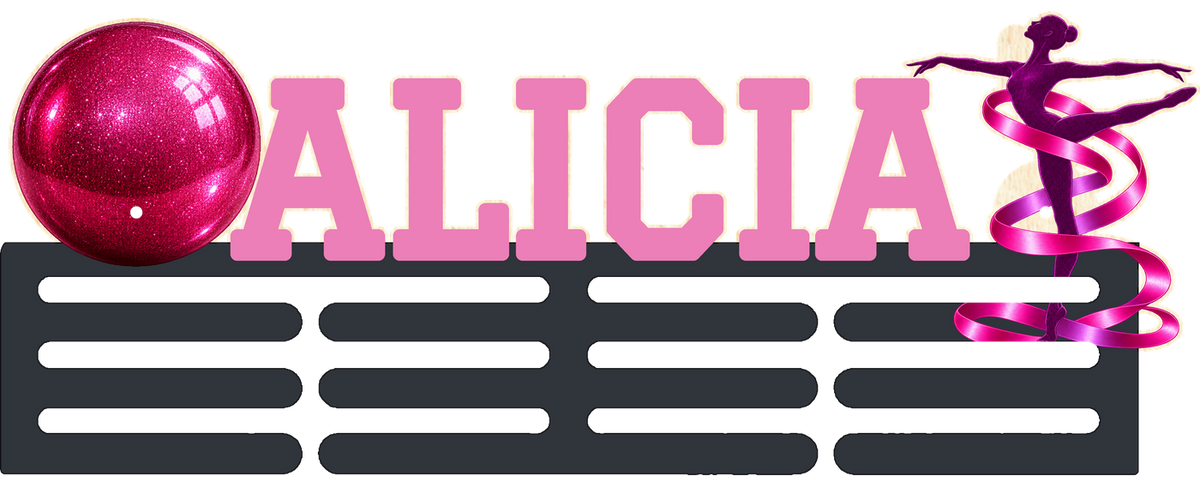 Medallero de gimnasia rítmica ALICIA con barras Grafito y letras Rosa, en color liso