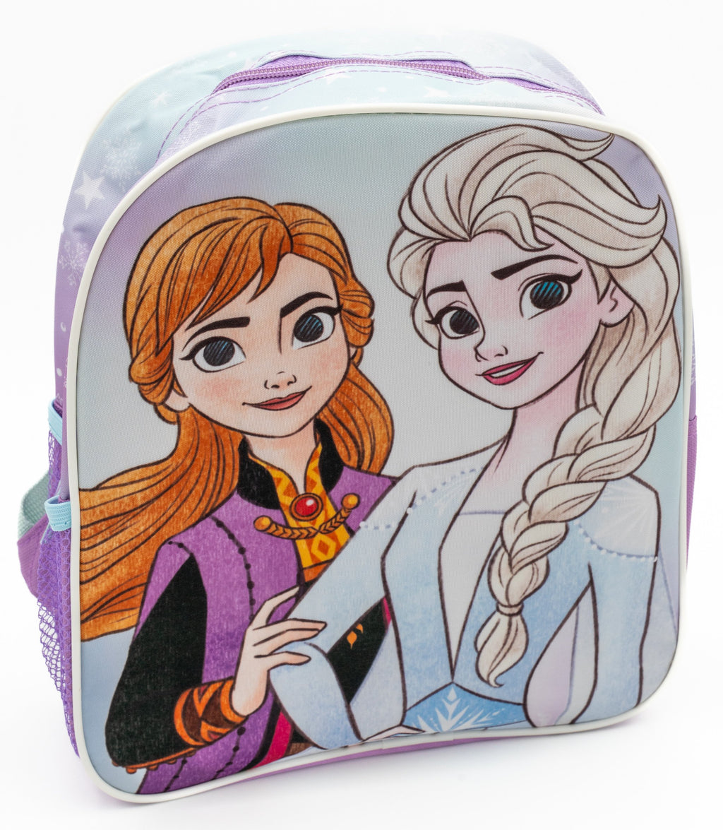 Motxilla infantil de Frozen amb estampat frontal d'Elsa i Anna en tons lila i blau.