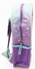 Vista lateral de mochila escolar con bolsillo de rejilla morado y cremallera superior.