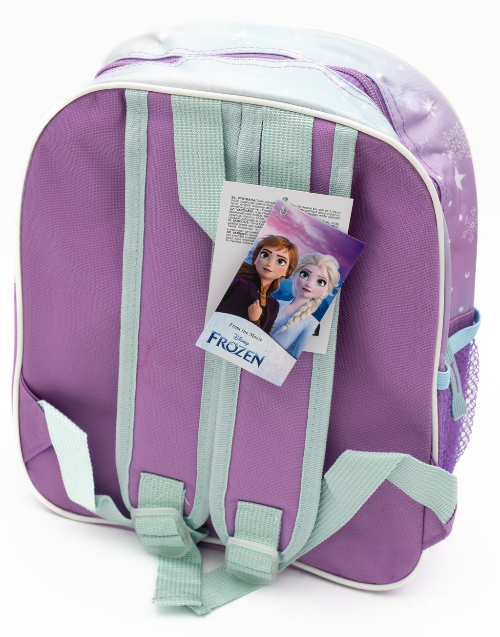Parte trasera de mochila para guardería con correas ajustables celestes y etiqueta oficial Disney.