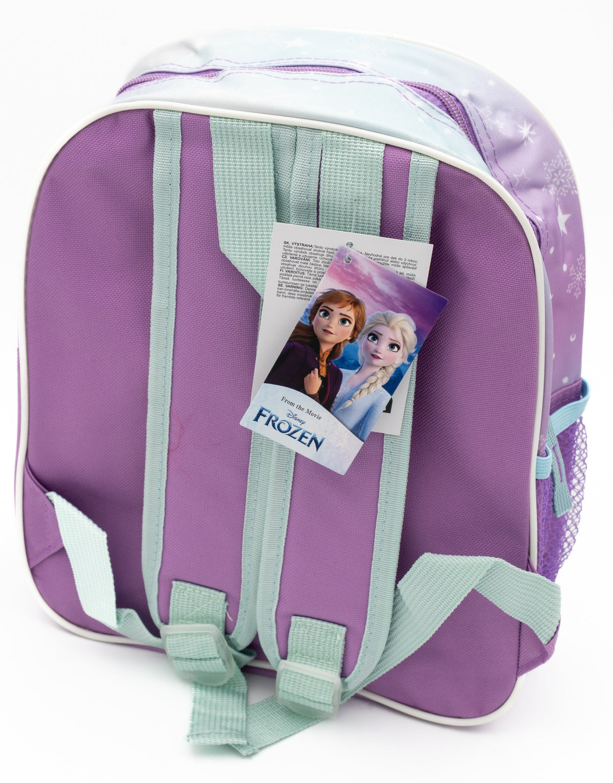 Parte trasera de mochila para guardería con correas ajustables celestes y etiqueta oficial Disney.