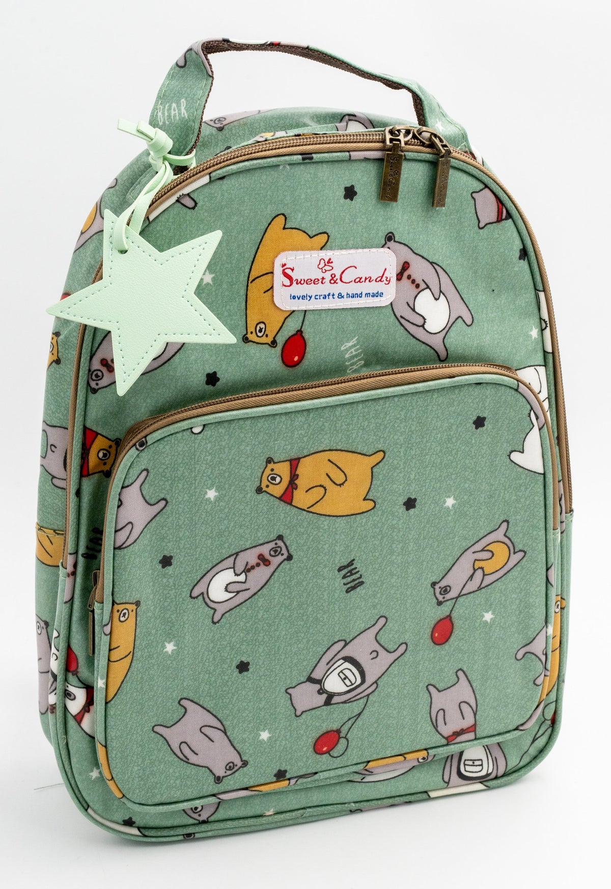 Motxilla per a l'escola Mod 3 verda amb estampat d'animalets i xarm d'estrella verd