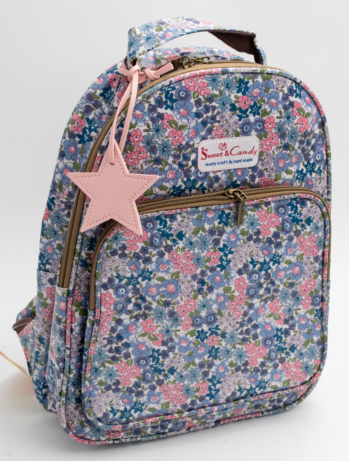 Mochila para el colegio Mod 5 con estampado floral azul y rosa y charm rosa
