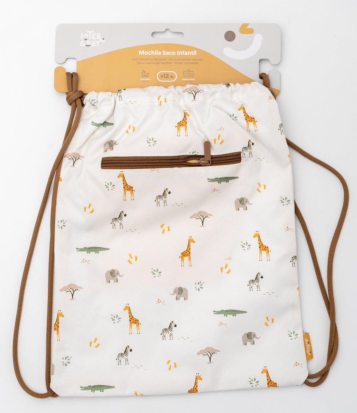 Motxilla de sac infantil blanca amb animals de la sabana, cordons marrons i butxaca amb cremallera