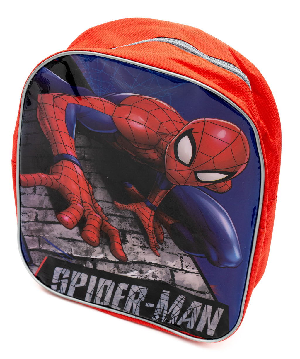 Motxilla vermella de Spiderman amb panell frontal brillant i cremallera superior grisa.