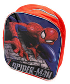 Motxilla vermella de Spiderman amb panell frontal brillant i cremallera superior grisa.
