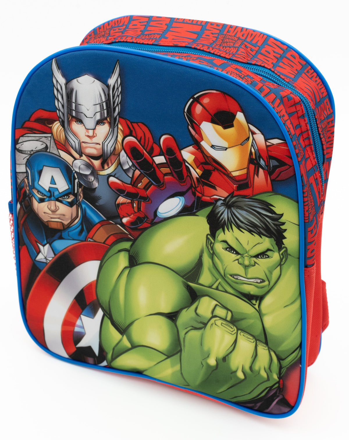 Motxilla blava dels Venjadors amb Thor, Iron Man, Capità Amèrica i Hulk a la part frontal.