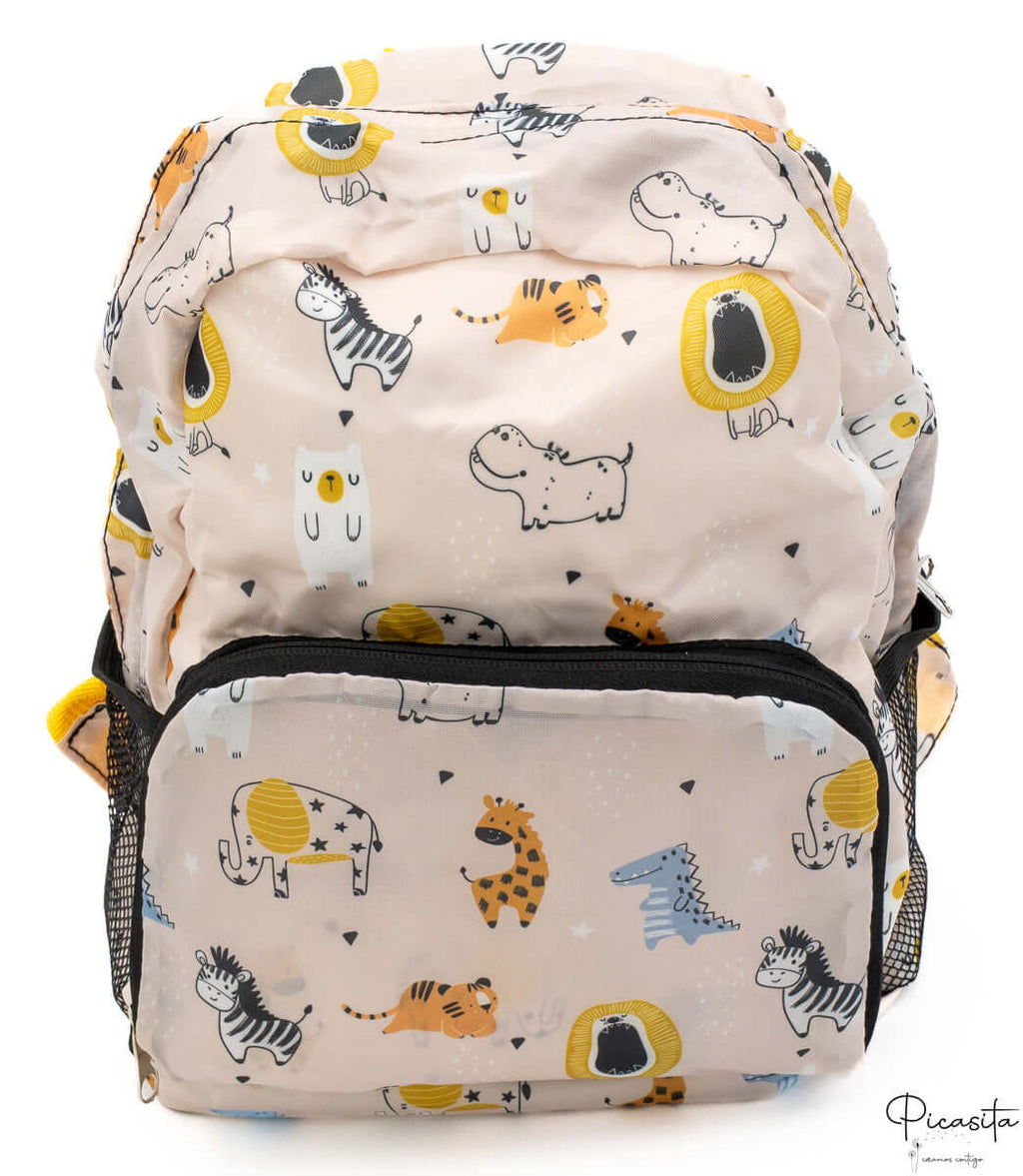 Mochila Escolar Infantil Plegable - Vuelta al Cole Beige Animalitos Africanos