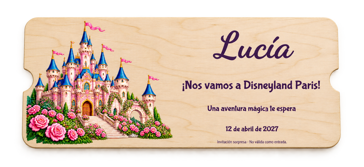 Disneyland Parisera joateko gonbidapen ilustratu baten simulazio digitala, kontratxapatu gainean; benetako itxura alda daiteke.