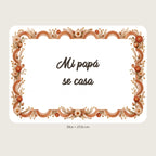 Vista previa digital. Cartel rectangular blanco con borde boho y mensaje Mi papá se casa.