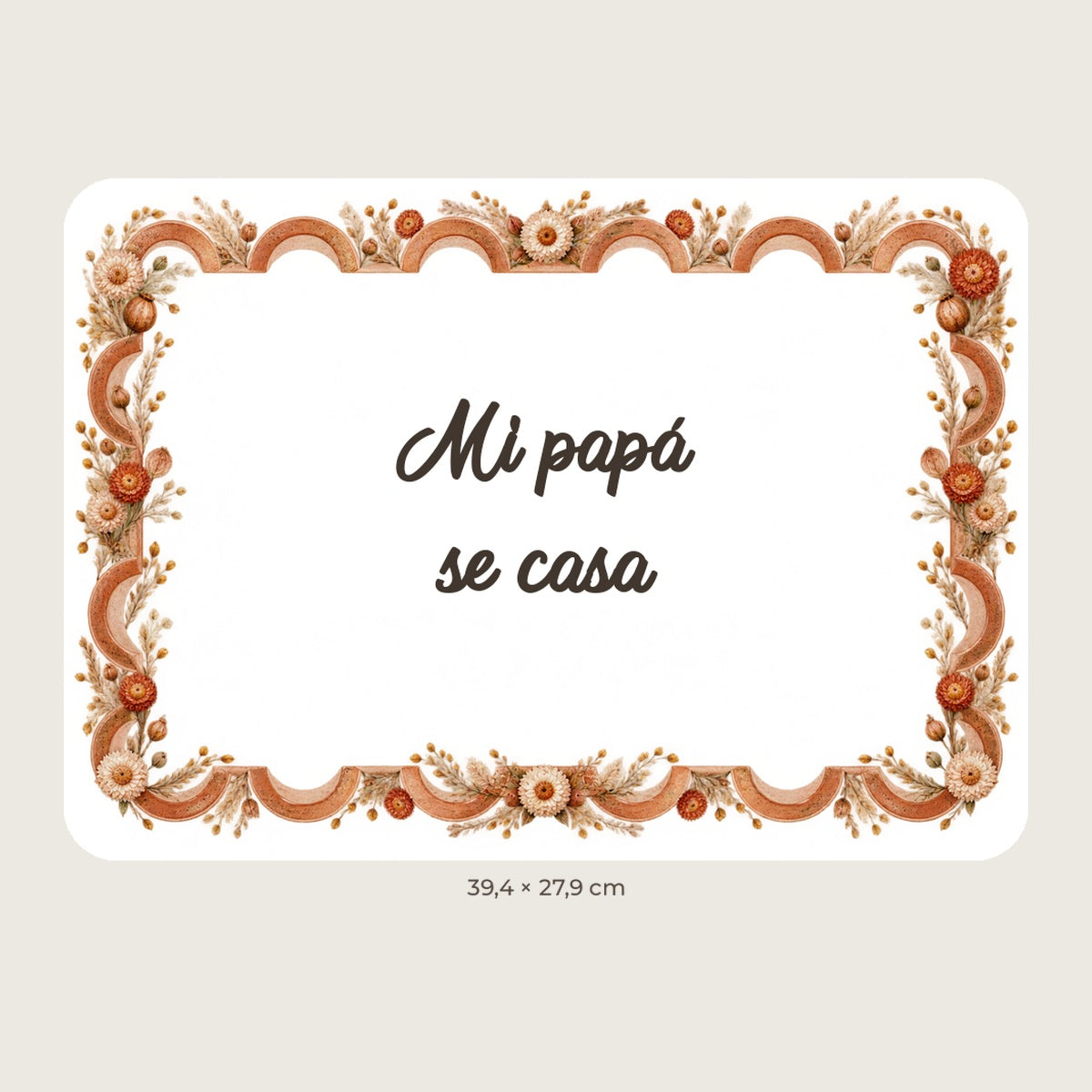 Vista previa digital. Cartel rectangular blanco con borde boho y mensaje Mi papá se casa.