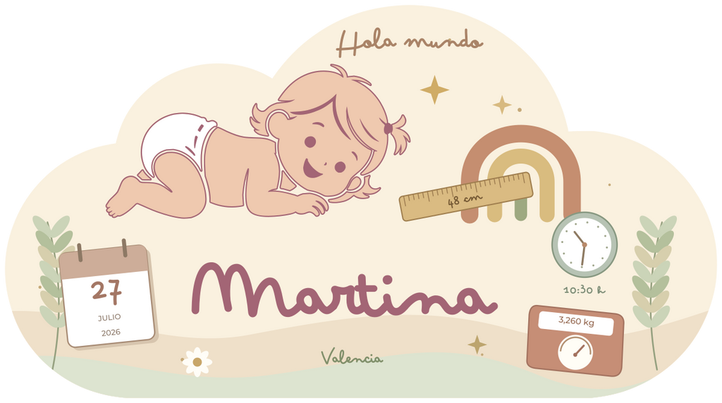 Natalicio Nube niña Hola mundo en rosa empolvado, con Martina, arco da vella e datos de nacemento.