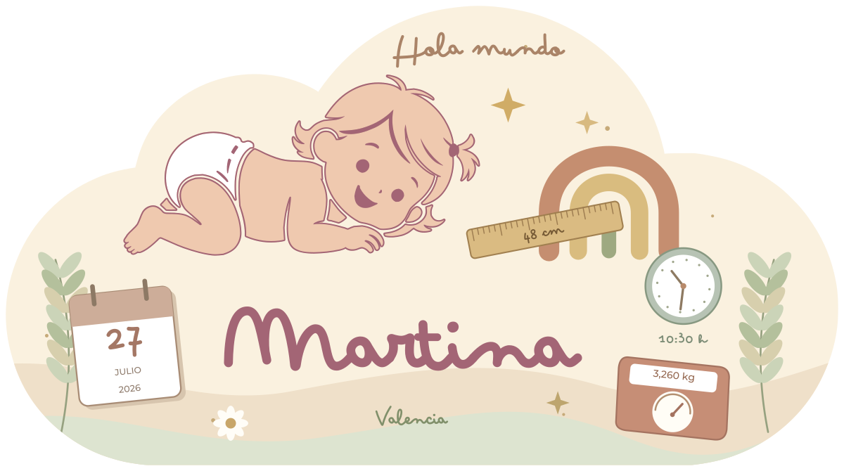 Natalicio Nube niña Hola mundo en rosa empolvado, con Martina, arco da vella e datos de nacemento.