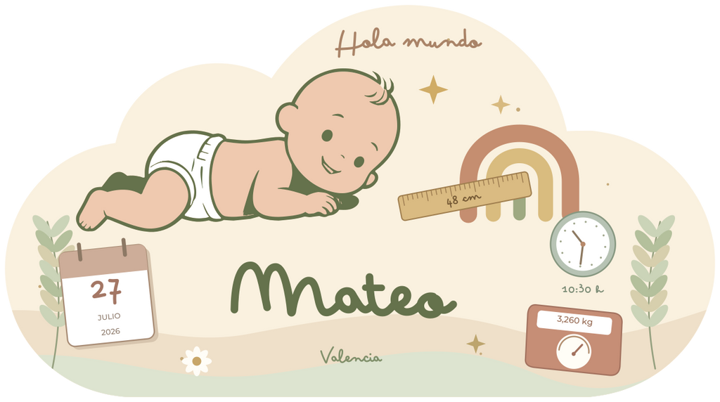 Natalicio Nube niño Hola mundo en oliva, con Mateo, arco da vella e datos de nacemento.