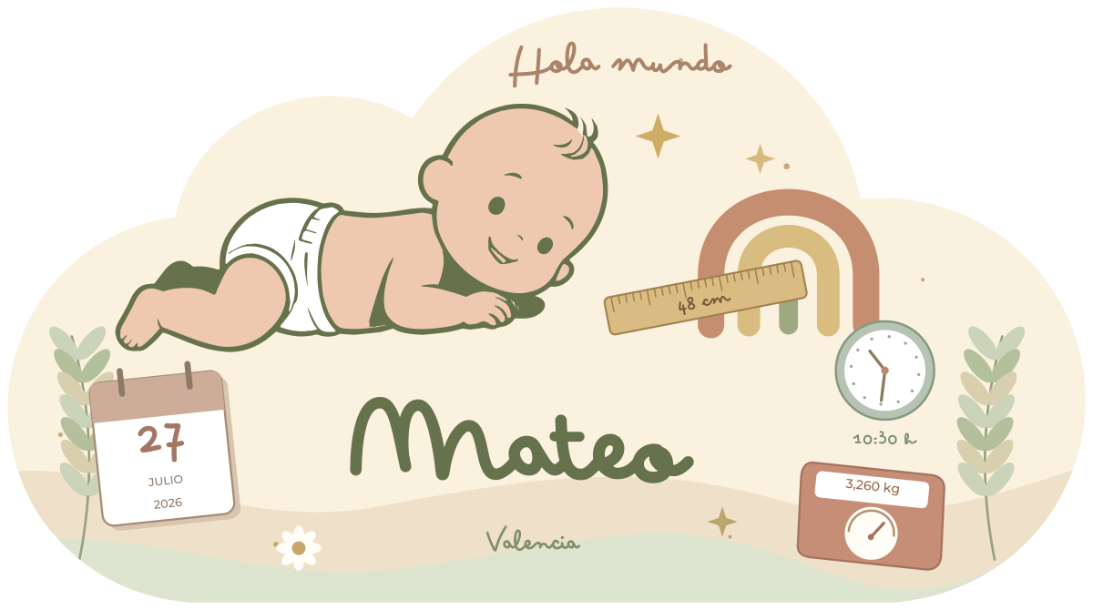Natalicio Nube niño Hola mundo en oliva, con Mateo, arco da vella e datos de nacemento.