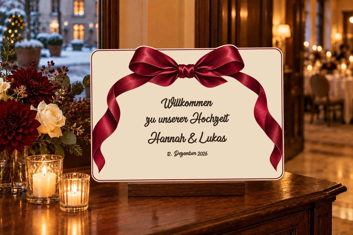 Cartel de bienvenida de boda A3 a color con lazo burdeos y texto en alemán, sobre un soporte de mesa en una recepción de invierno.