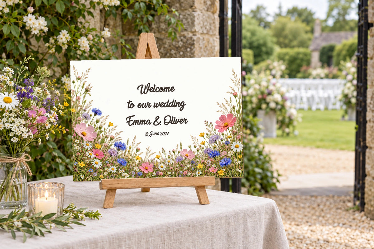 Cartel de bienvenida de boda A3 a color con flores silvestres y texto en inglés, sobre caballete de mesa en una entrada al jardín.
