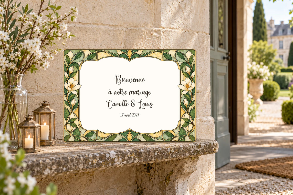 Cartel de bienvenida de boda A3 a color con marco floral de estilo vidriera y texto en francés, apoyado sobre una repisa de piedra.