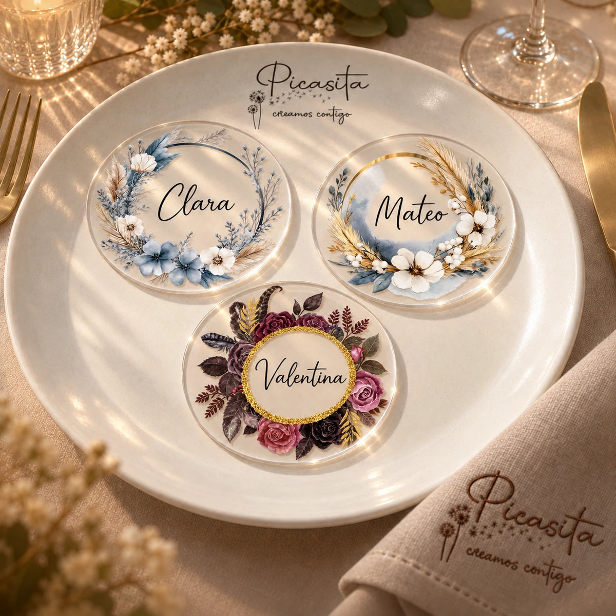 Tres marcasitios personalizados de metacrilato transparente de 10 cm con diseños Luna Azul, Luna Dorada y Gótico Burdeos.