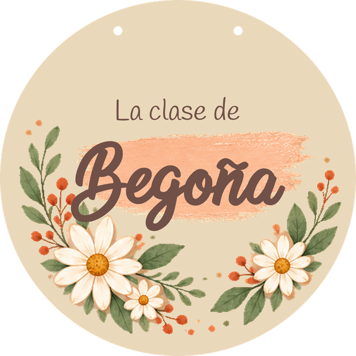 Mostra del cartell en forma de cercle: cara del davant amb el nom Begoña.