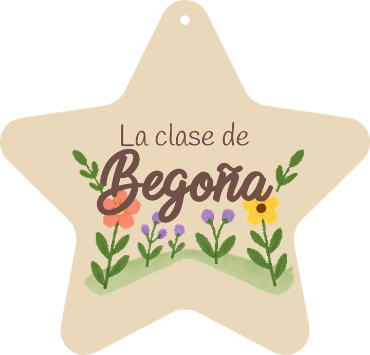 Mostra del cartell en forma de estrella: cara del davant amb el nom Begoña.