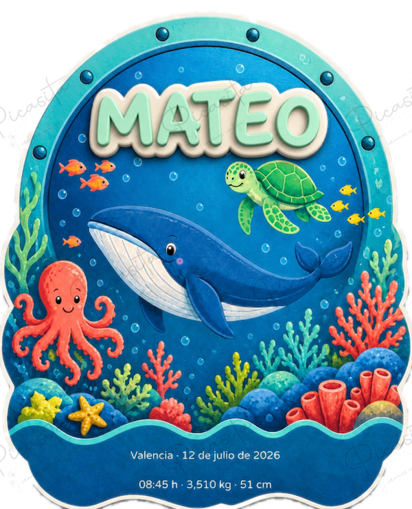 Natalicio bebé personalizado Arrecife Feliz con ballena y nombre en relieve.